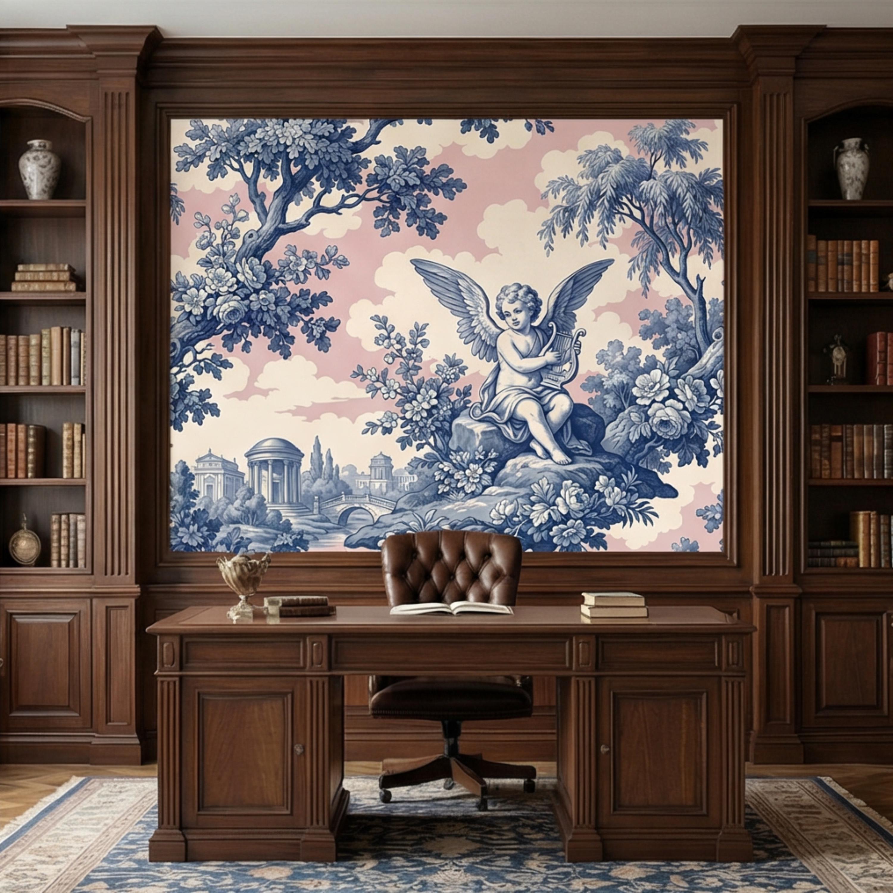 Blue Toile de Jouy Cherub Angel Lyre Peel and Stick Wall Mural, Pink Sky French Country Floral Classical Landscape Wallpaper