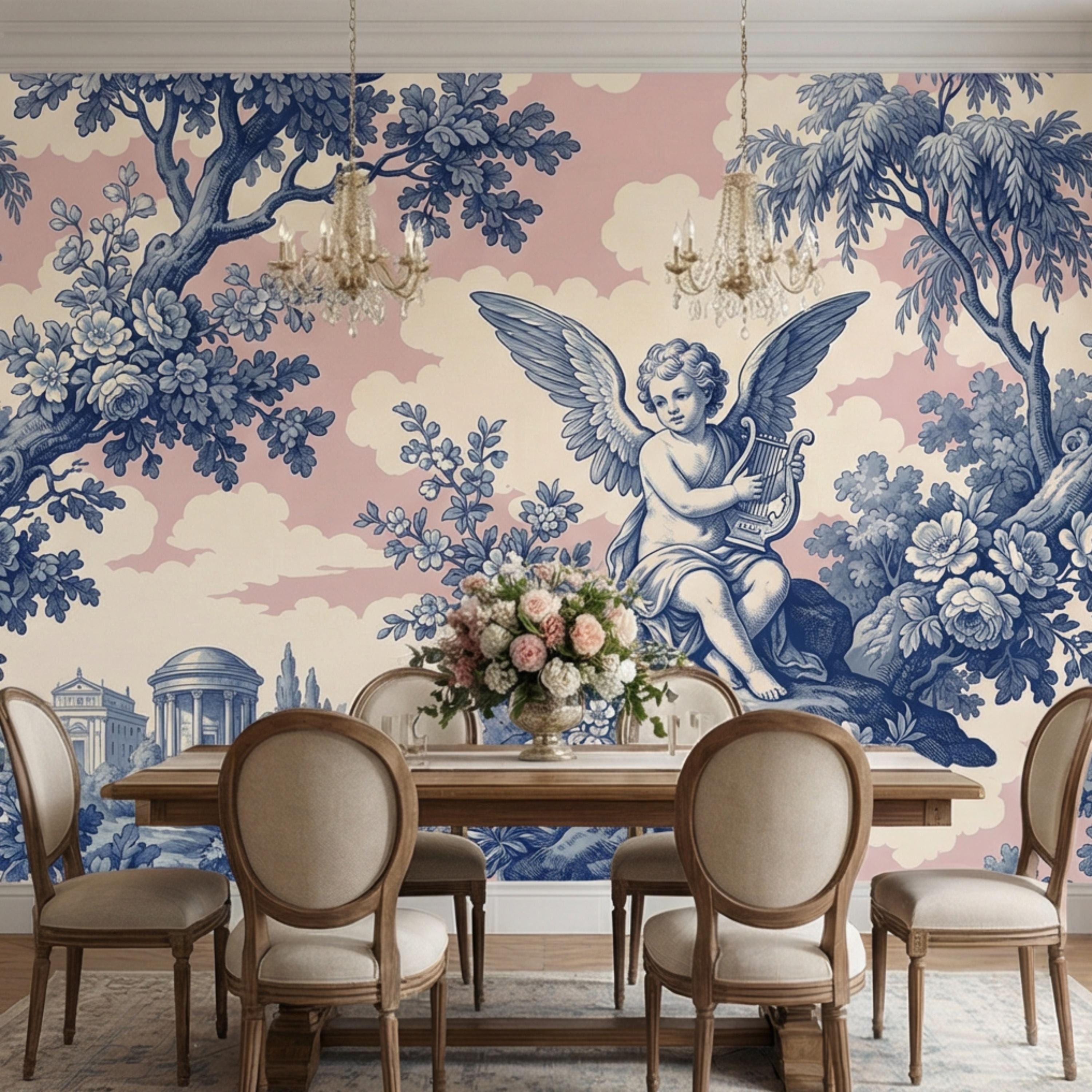 Blue Toile de Jouy Cherub Angel Lyre Peel and Stick Wall Mural, Pink Sky French Country Floral Classical Landscape Wallpaper