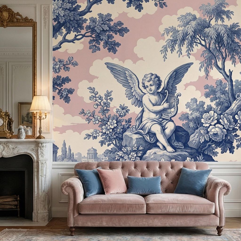 Blue Toile de Jouy Cherub Angel Lyre Peel and Stick Wall Mural, Pink Sky French Country Floral Classical Landscape Wallpaper