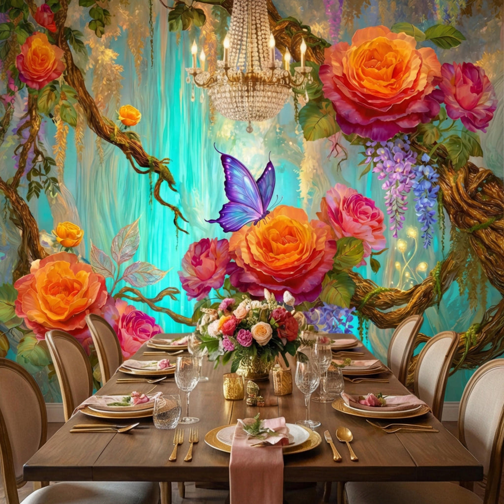 Enchanted Forest Garden Roses & Wisteria Peel and Stick Wall Mural, Teal Glow Floral Wallpaper, Blue Butterfly Botanical Wall Decor