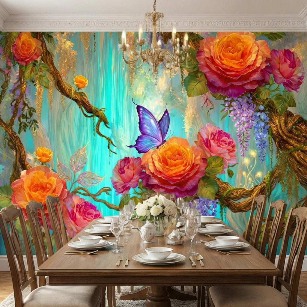 Enchanted Forest Garden Roses & Wisteria Peel and Stick Wall Mural, Teal Glow Floral Wallpaper, Blue Butterfly Botanical Wall Decor