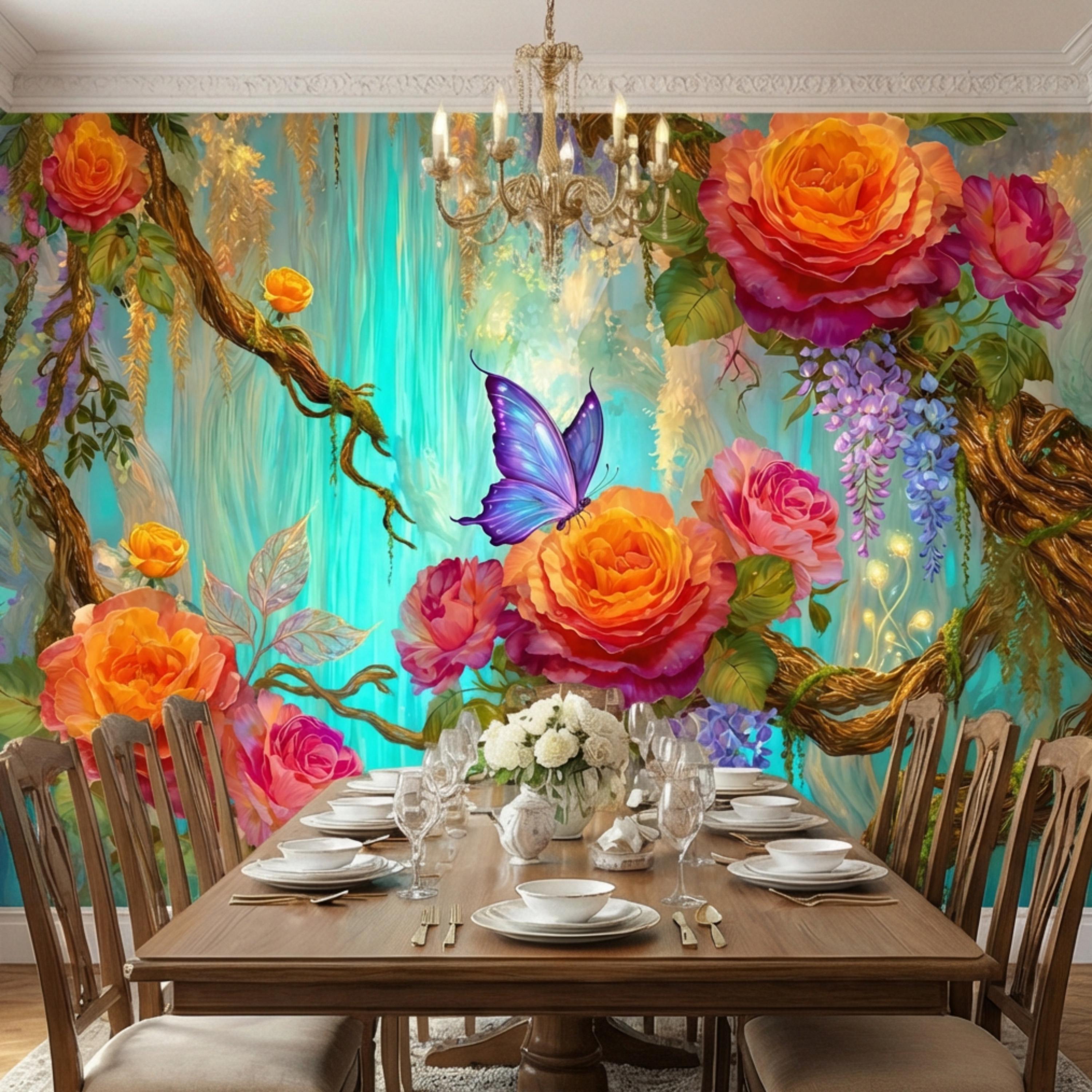 Enchanted Forest Garden Roses & Wisteria Peel and Stick Wall Mural, Teal Glow Floral Wallpaper, Blue Butterfly Botanical Wall Decor