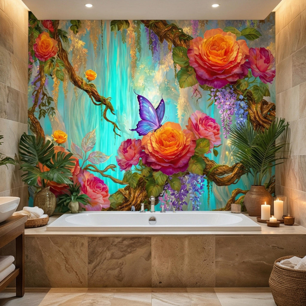 Enchanted Forest Garden Roses & Wisteria Peel and Stick Wall Mural, Teal Glow Floral Wallpaper, Blue Butterfly Botanical Wall Decor