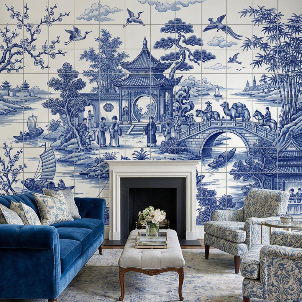 Blue & White Chinoiserie Toile Peel and Stick Wall Mural, Pagoda River Landscape with Boats, Bamboo Cranes Wallpaper