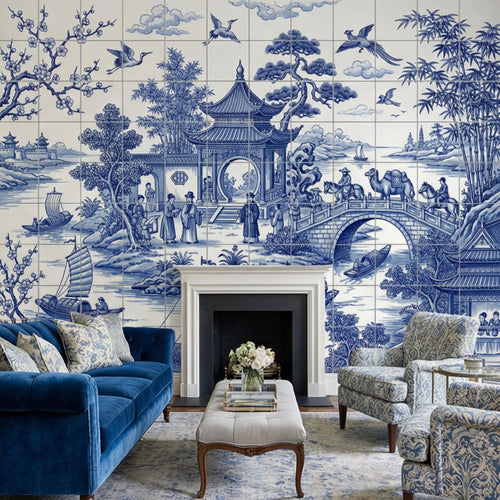 Blue and white chinoiserie wall mural featuring pagoda, birds, and a river bridge scene