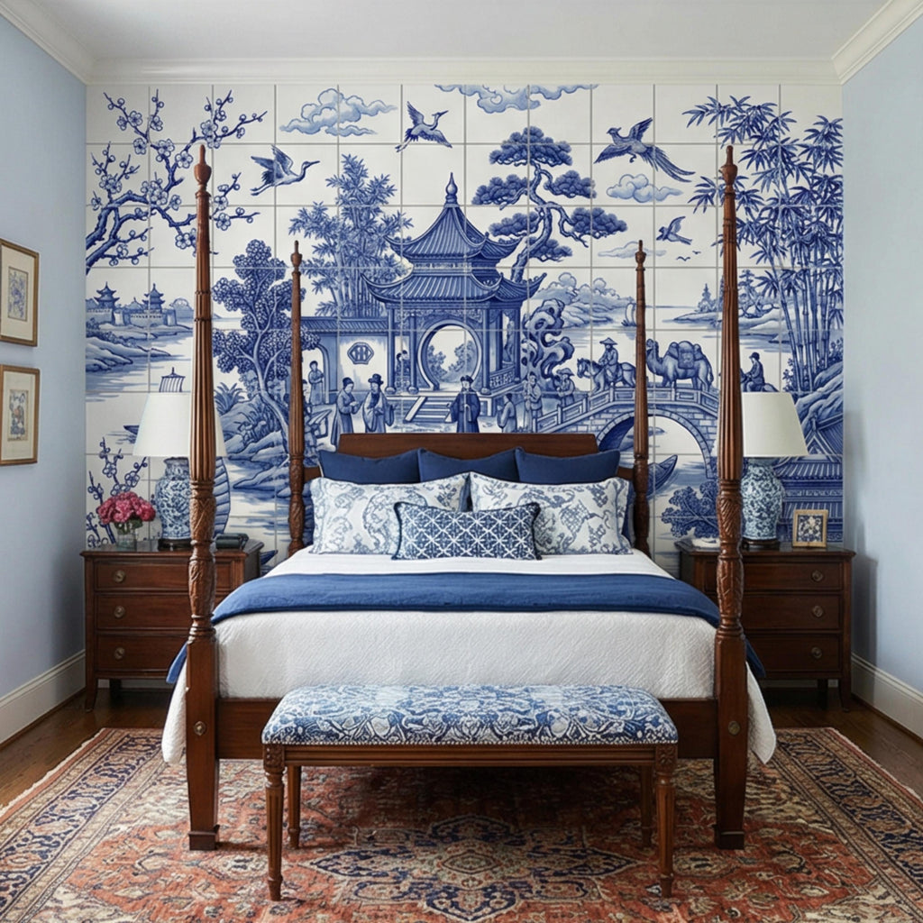 Blue & White Chinoiserie Toile Peel and Stick Wall Mural, Pagoda River Landscape with Boats, Bamboo Cranes Wallpaper