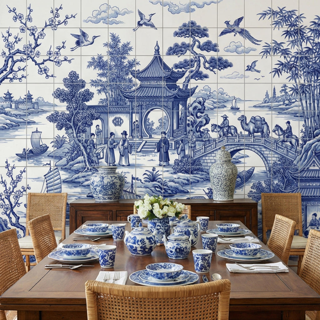 Blue & White Chinoiserie Toile Peel and Stick Wall Mural, Pagoda River Landscape with Boats, Bamboo Cranes Wallpaper