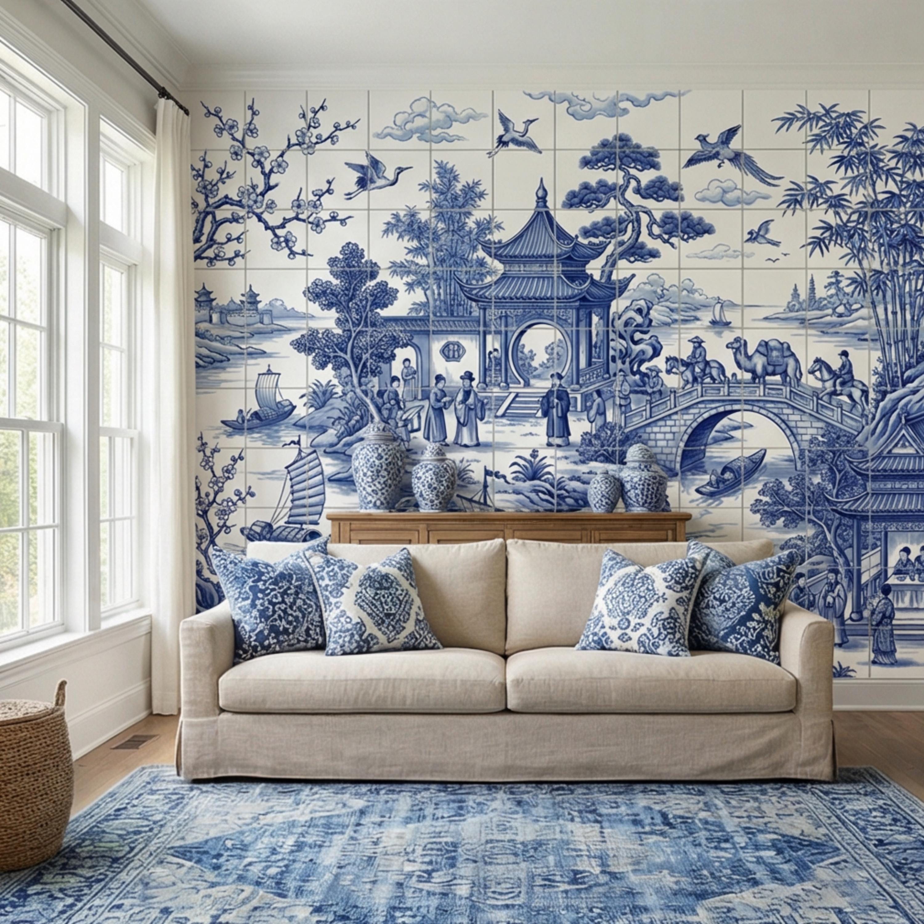Blue & White Chinoiserie Toile Peel and Stick Wall Mural, Pagoda River Landscape with Boats, Bamboo Cranes Wallpaper