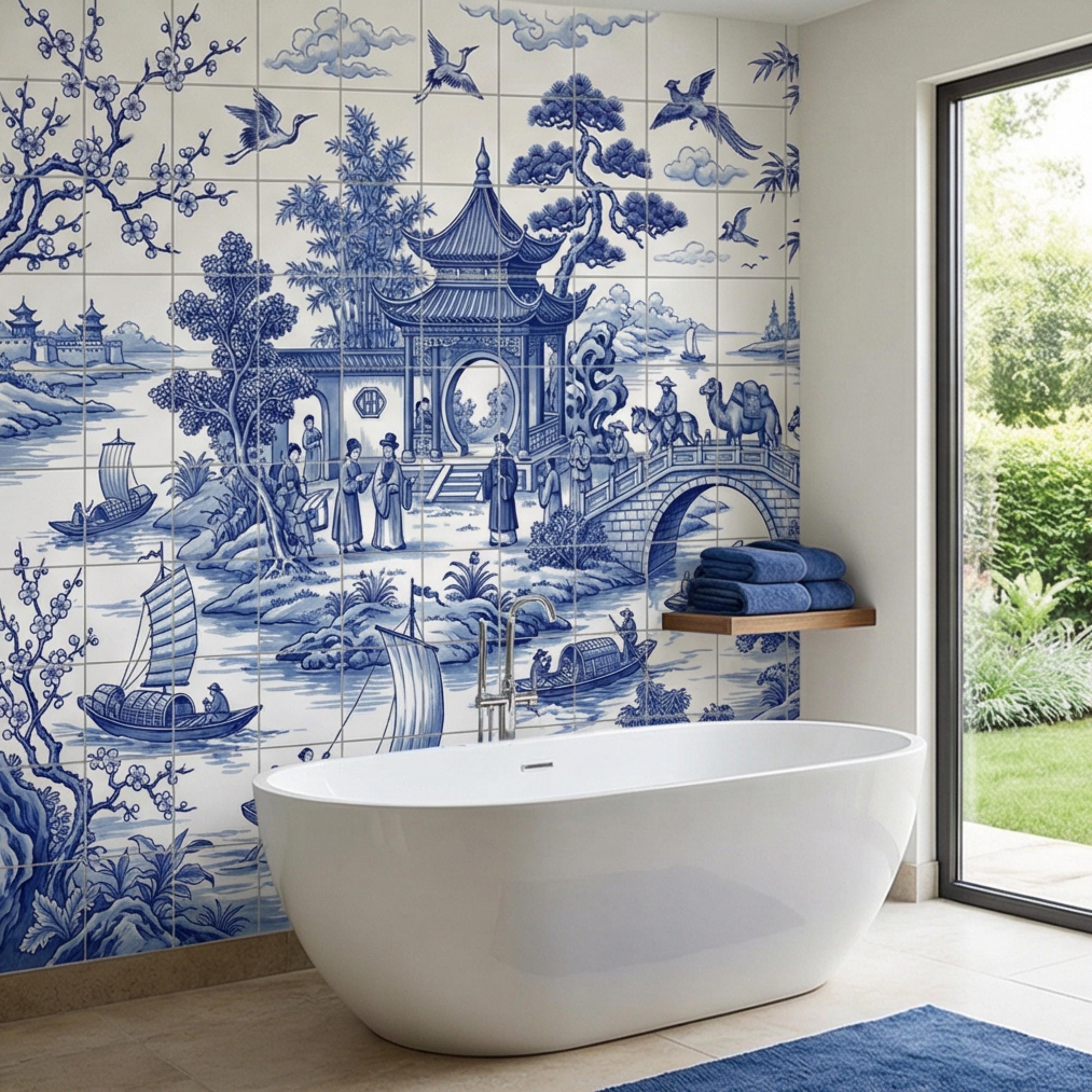 Blue & White Chinoiserie Toile Peel and Stick Wall Mural, Pagoda River Landscape with Boats, Bamboo Cranes Wallpaper