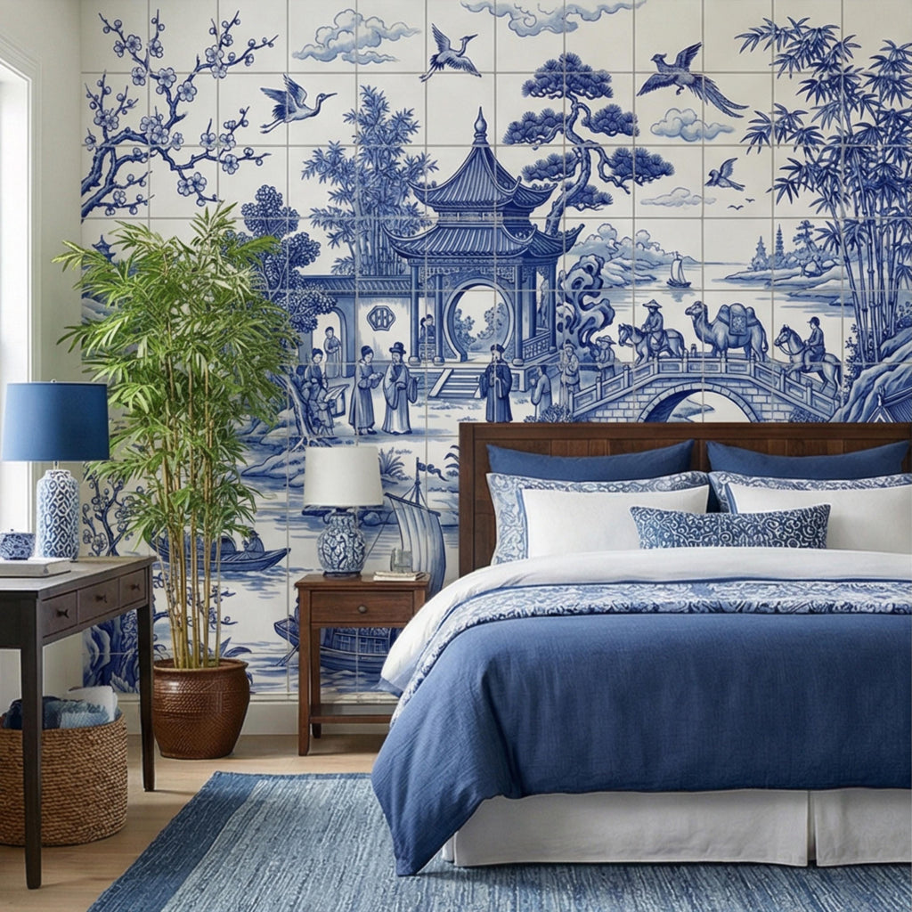 Blue & White Chinoiserie Toile Peel and Stick Wall Mural, Pagoda River Landscape with Boats, Bamboo Cranes Wallpaper