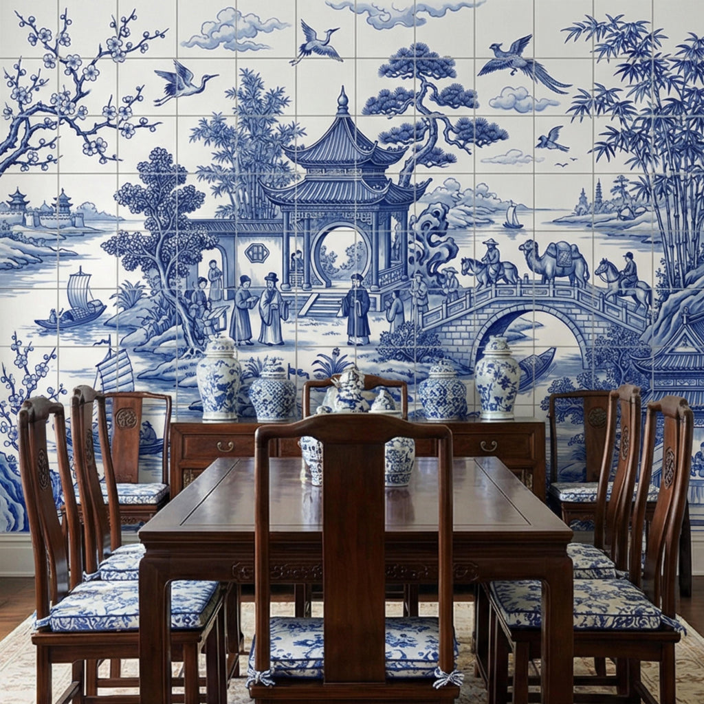 Blue & White Chinoiserie Toile Peel and Stick Wall Mural, Pagoda River Landscape with Boats, Bamboo Cranes Wallpaper