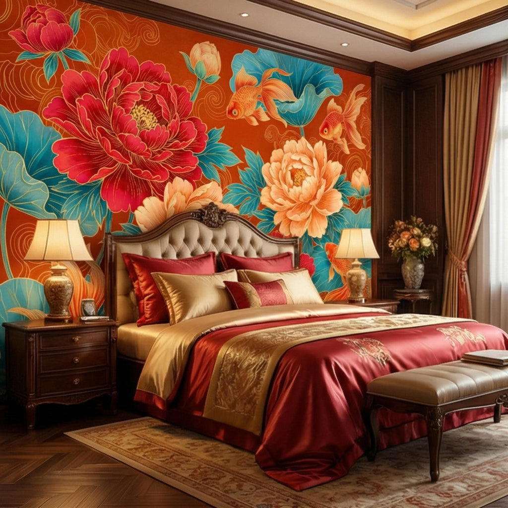 Chinoiserie Koi Goldfish & Peonies Peel and Stick Wall Mural, Teal Lotus Leaves Red Orange Asian Floral Wallpaper