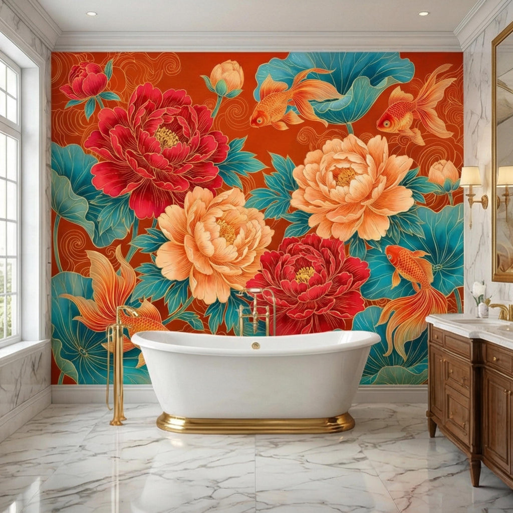 Chinoiserie Koi Goldfish & Peonies Peel and Stick Wall Mural, Teal Lotus Leaves Red Orange Asian Floral Wallpaper