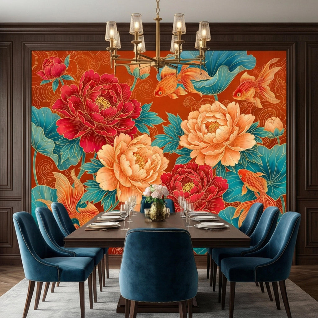 Chinoiserie Koi Goldfish & Peonies Peel and Stick Wall Mural, Teal Lotus Leaves Red Orange Asian Floral Wallpaper