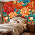 Chinoiserie Koi Goldfish & Peonies Peel and Stick Wall Mural, Teal Lotus Leaves Red Orange Asian Floral Wallpaper