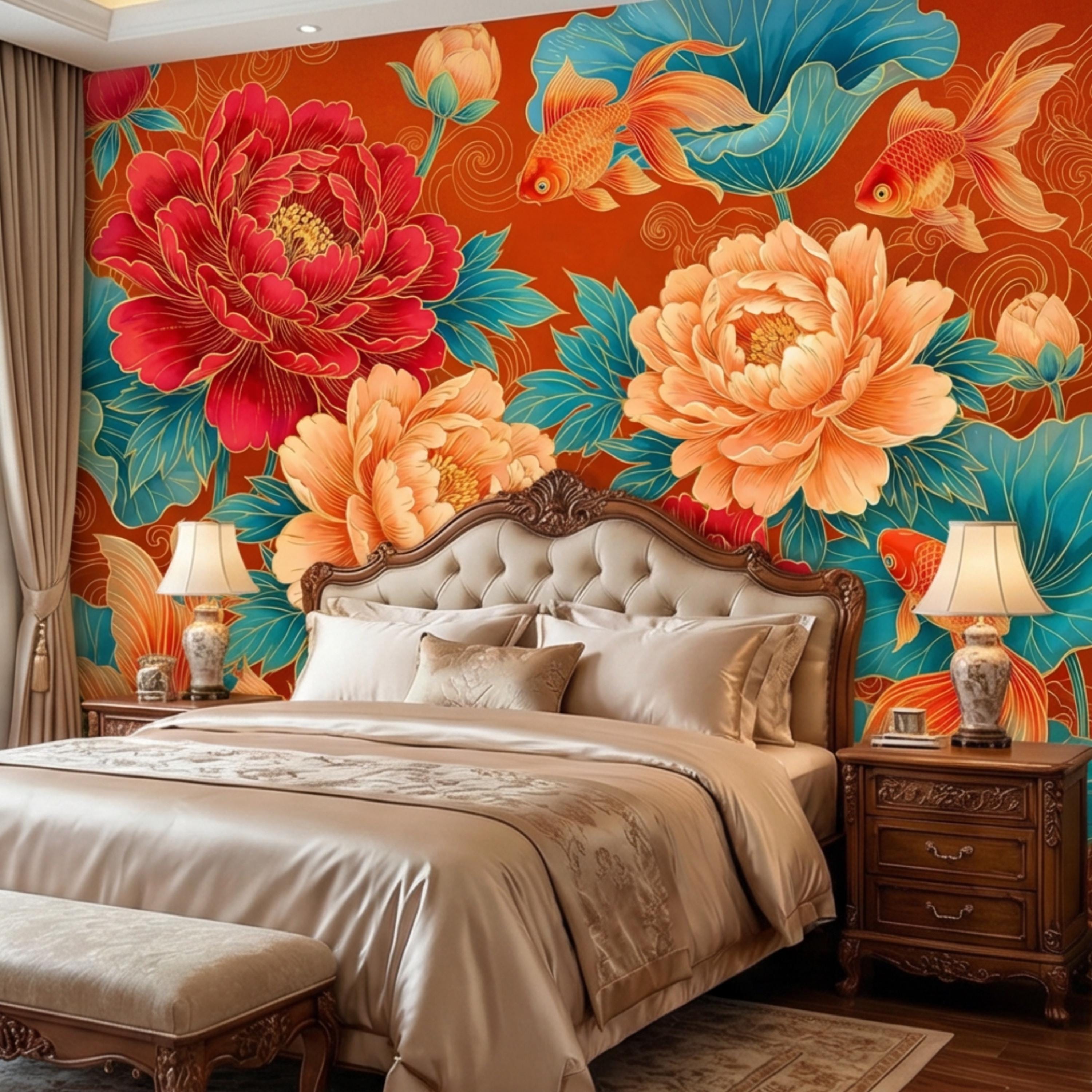 Chinoiserie Koi Goldfish & Peonies Peel and Stick Wall Mural, Teal Lotus Leaves Red Orange Asian Floral Wallpaper