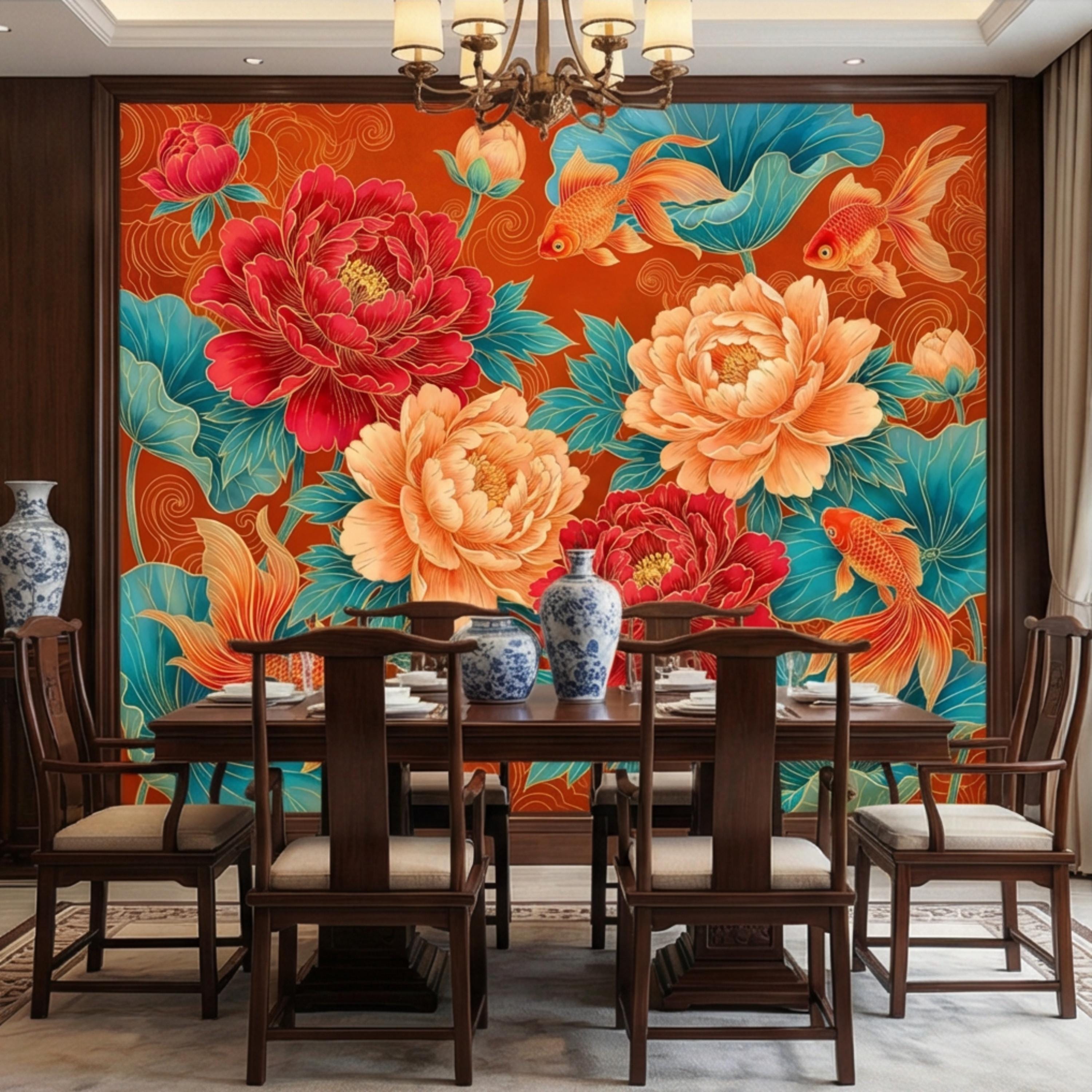 Chinoiserie Koi Goldfish & Peonies Peel and Stick Wall Mural, Teal Lotus Leaves Red Orange Asian Floral Wallpaper