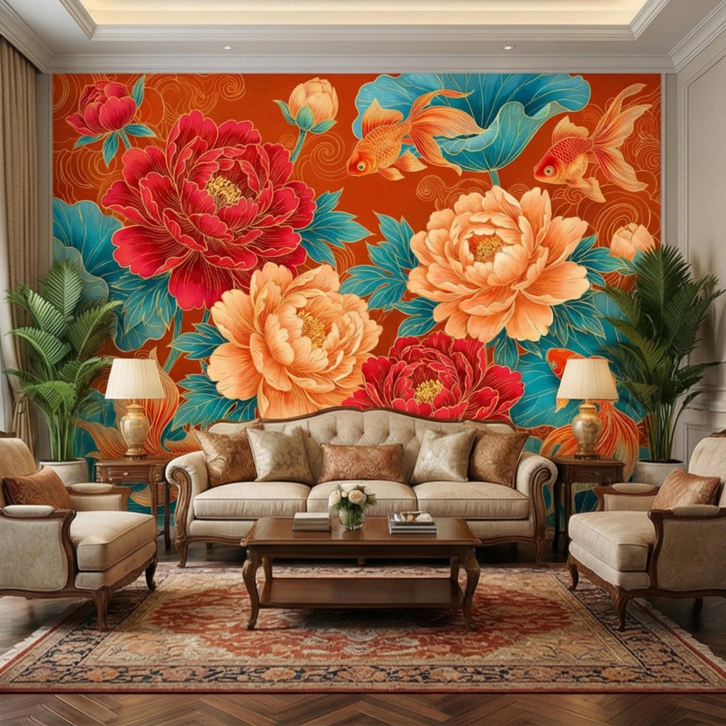 Chinoiserie Koi Goldfish & Peonies Peel and Stick Wall Mural, Teal Lotus Leaves Red Orange Asian Floral Wallpaper