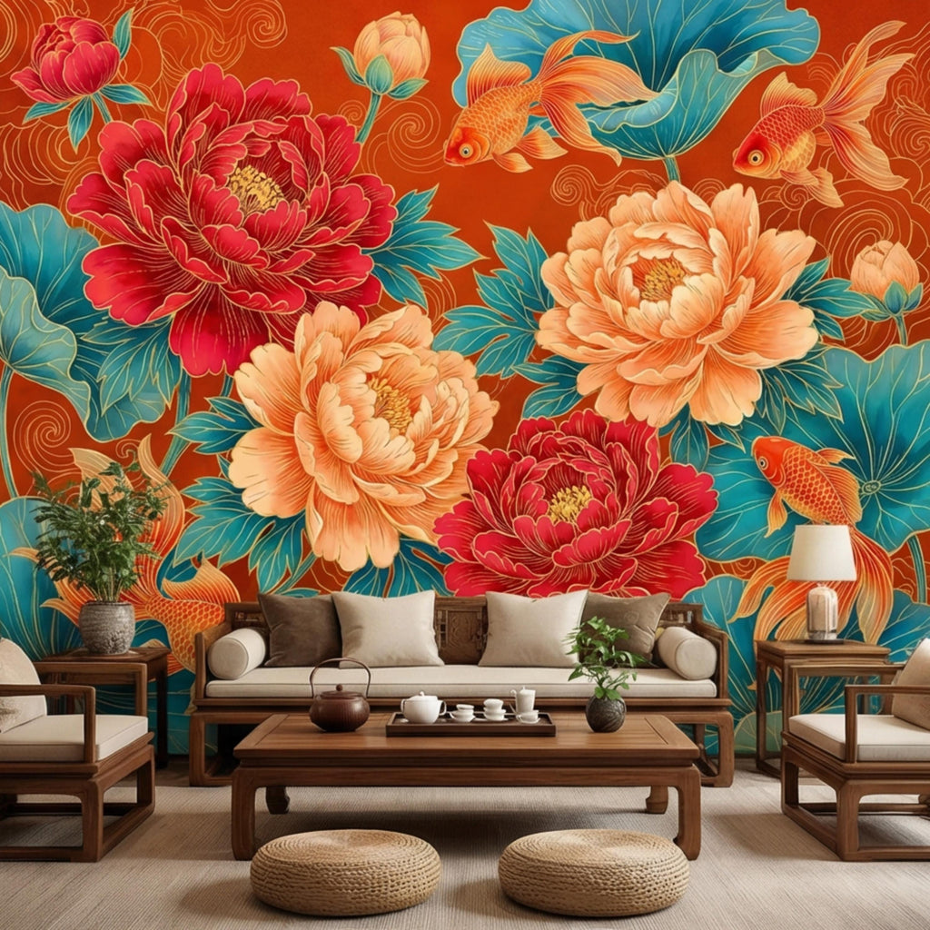 Chinoiserie Koi Goldfish & Peonies Peel and Stick Wall Mural, Teal Lotus Leaves Red Orange Asian Floral Wallpaper