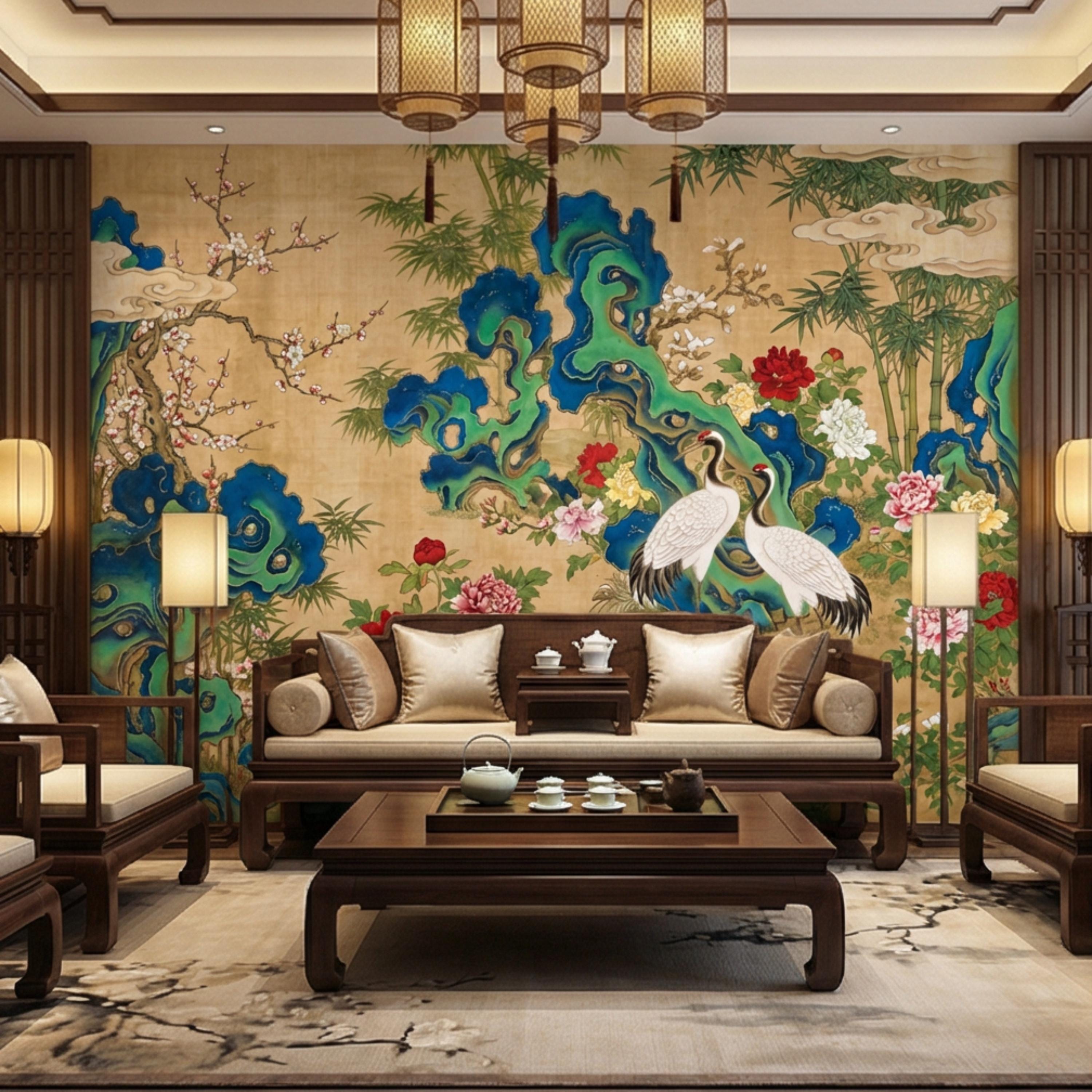 Vintage Asian Chinoiserie Cranes & Peonies Peel and Stick Wall Mural, Bamboo Garden Landscape, Antique Style Floral Wallpaper