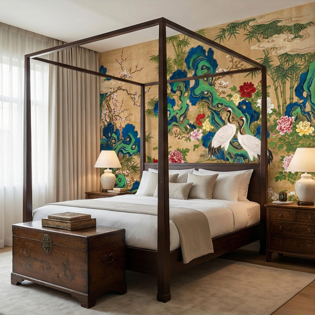 Vintage Asian Chinoiserie Cranes & Peonies Peel and Stick Wall Mural, Bamboo Garden Landscape, Antique Style Floral Wallpaper