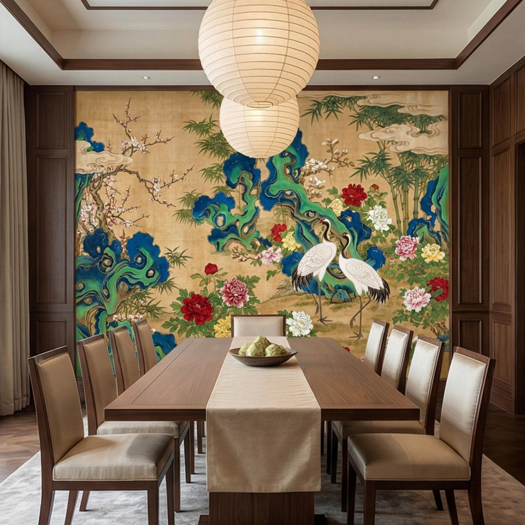 Vintage Asian Chinoiserie Cranes & Peonies Peel and Stick Wall Mural, Bamboo Garden Landscape, Antique Style Floral Wallpaper