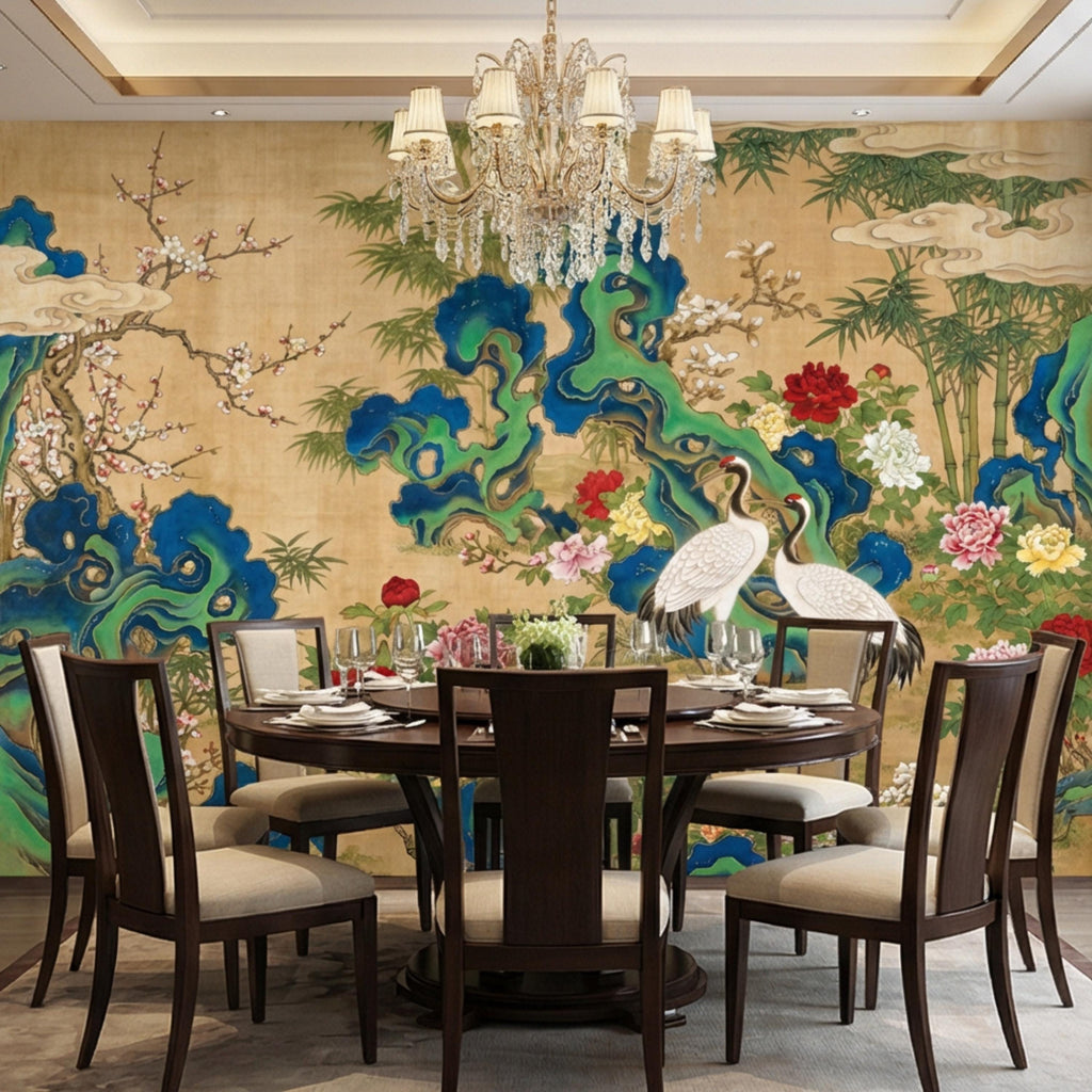 Vintage Asian Chinoiserie Cranes & Peonies Peel and Stick Wall Mural, Bamboo Garden Landscape, Antique Style Floral Wallpaper