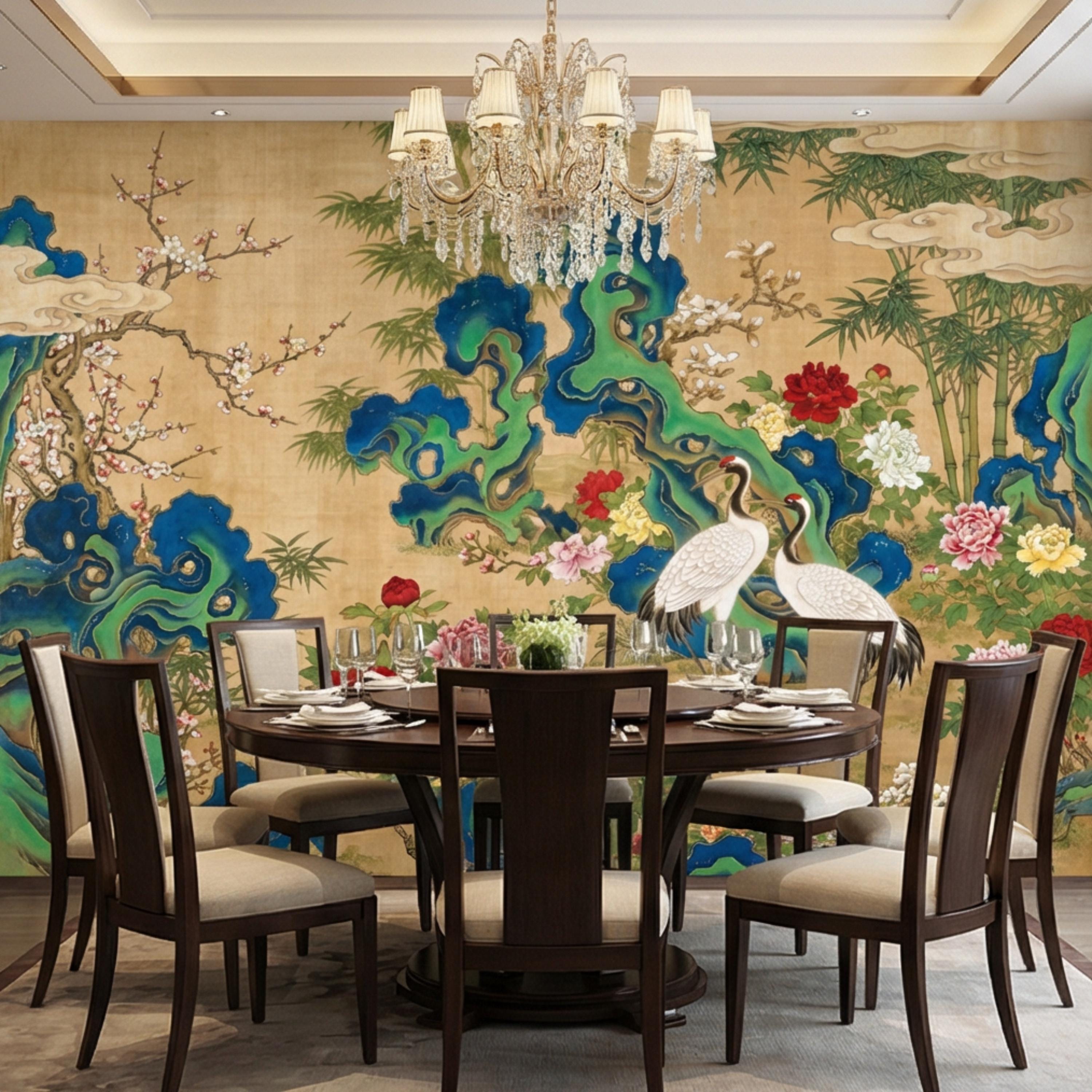 Vintage Asian Chinoiserie Cranes & Peonies Peel and Stick Wall Mural, Bamboo Garden Landscape, Antique Style Floral Wallpaper