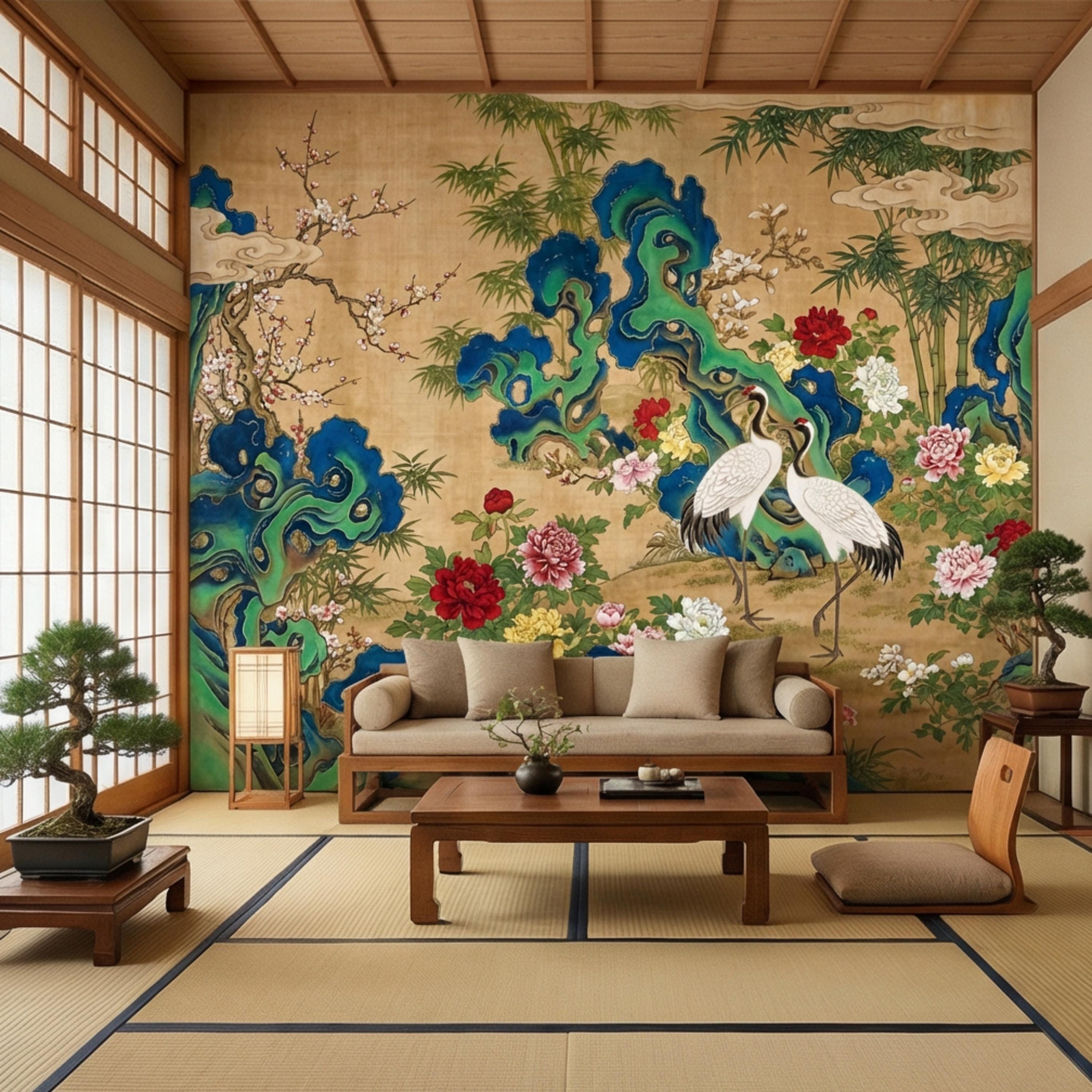 Vintage Asian Chinoiserie Cranes & Peonies Peel and Stick Wall Mural, Bamboo Garden Landscape, Antique Style Floral Wallpaper