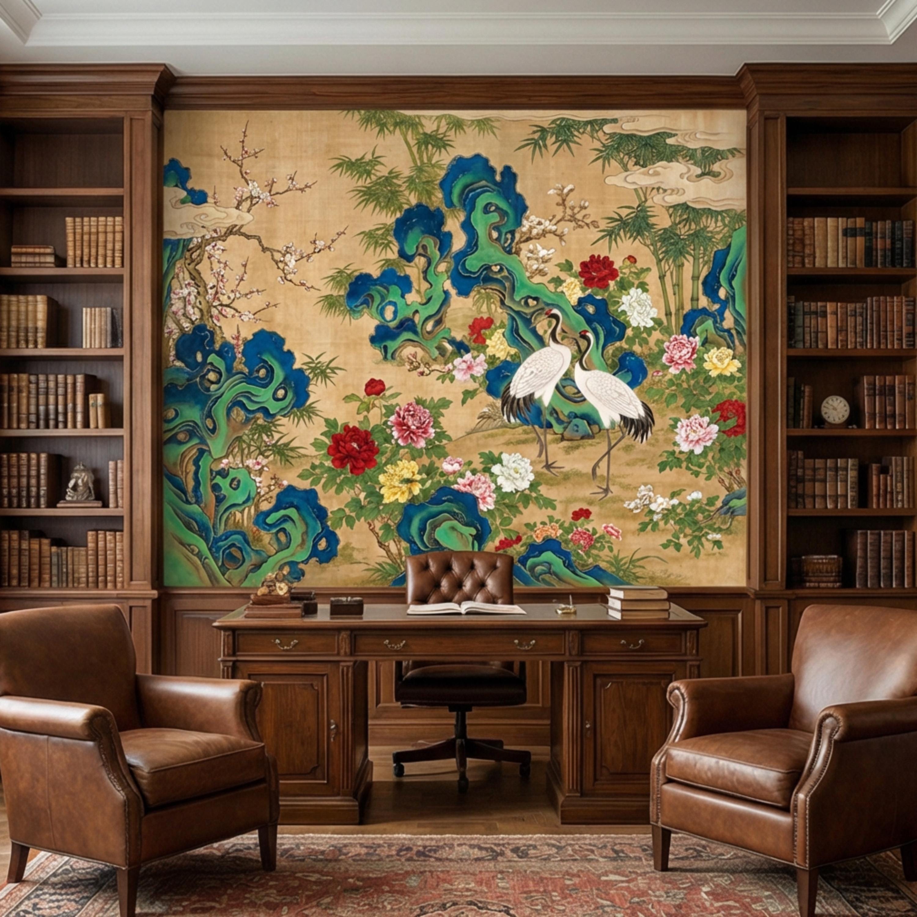Vintage Asian Chinoiserie Cranes & Peonies Peel and Stick Wall Mural, Bamboo Garden Landscape, Antique Style Floral Wallpaper