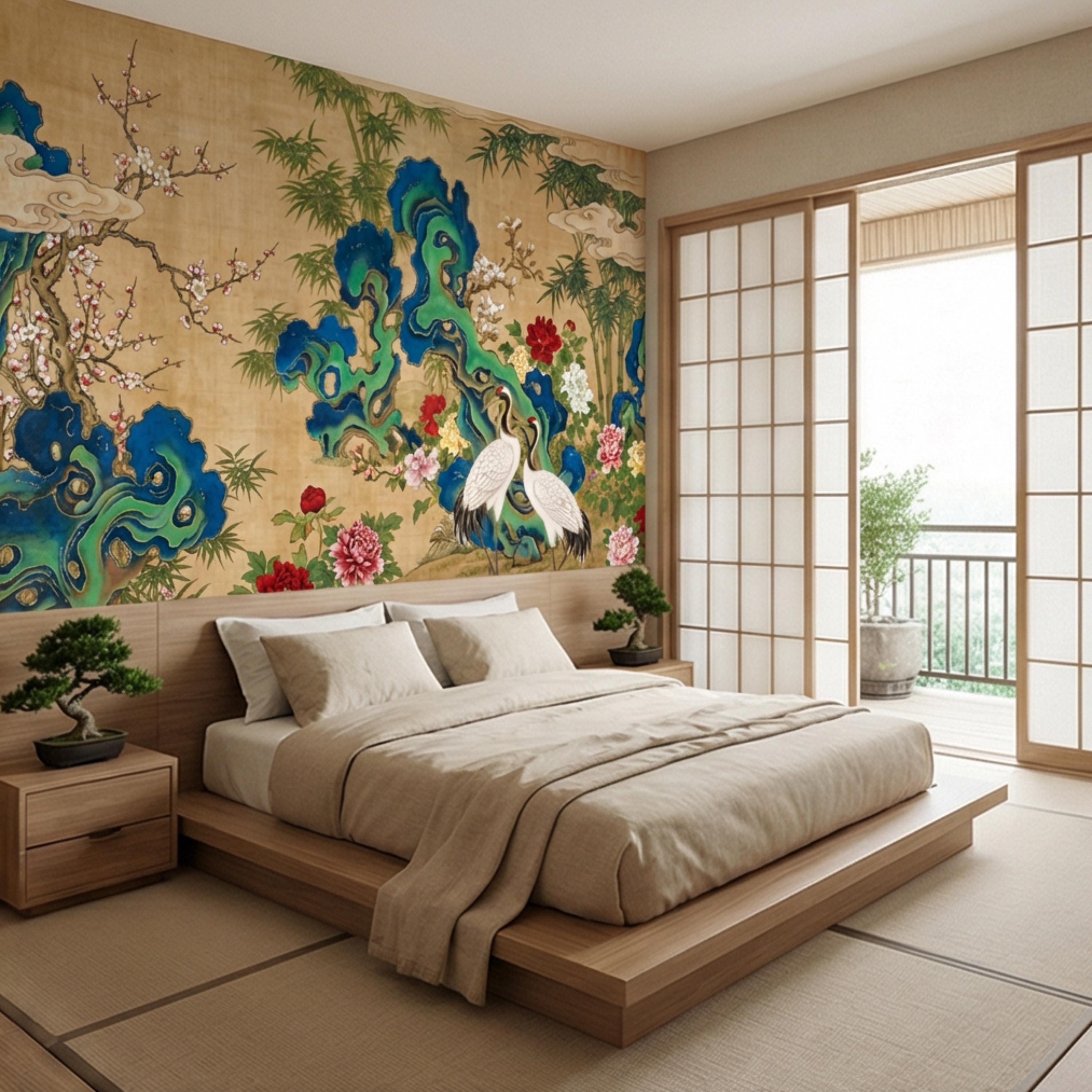 Vintage Asian Chinoiserie Cranes & Peonies Peel and Stick Wall Mural, Bamboo Garden Landscape, Antique Style Floral Wallpaper