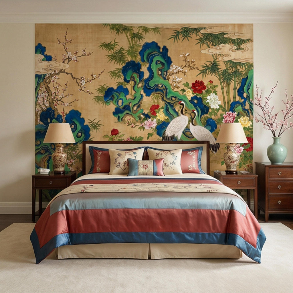 Vintage Asian Chinoiserie Cranes & Peonies Peel and Stick Wall Mural, Bamboo Garden Landscape, Antique Style Floral Wallpaper