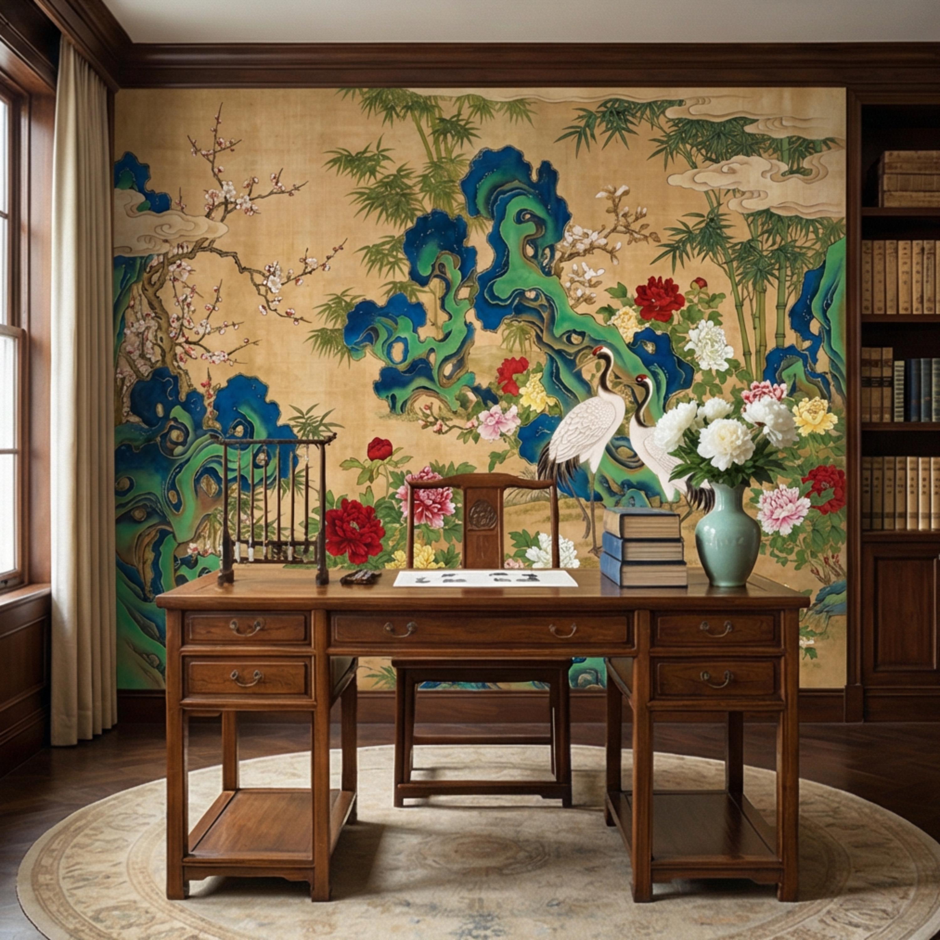Vintage Asian Chinoiserie Cranes & Peonies Peel and Stick Wall Mural, Bamboo Garden Landscape, Antique Style Floral Wallpaper