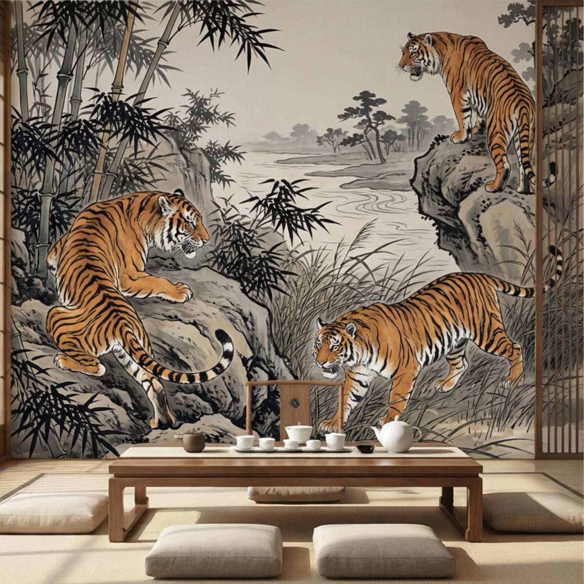 Tiger and bamboo ink-wash landscape wall mural, gray hills and orange-striped tigers