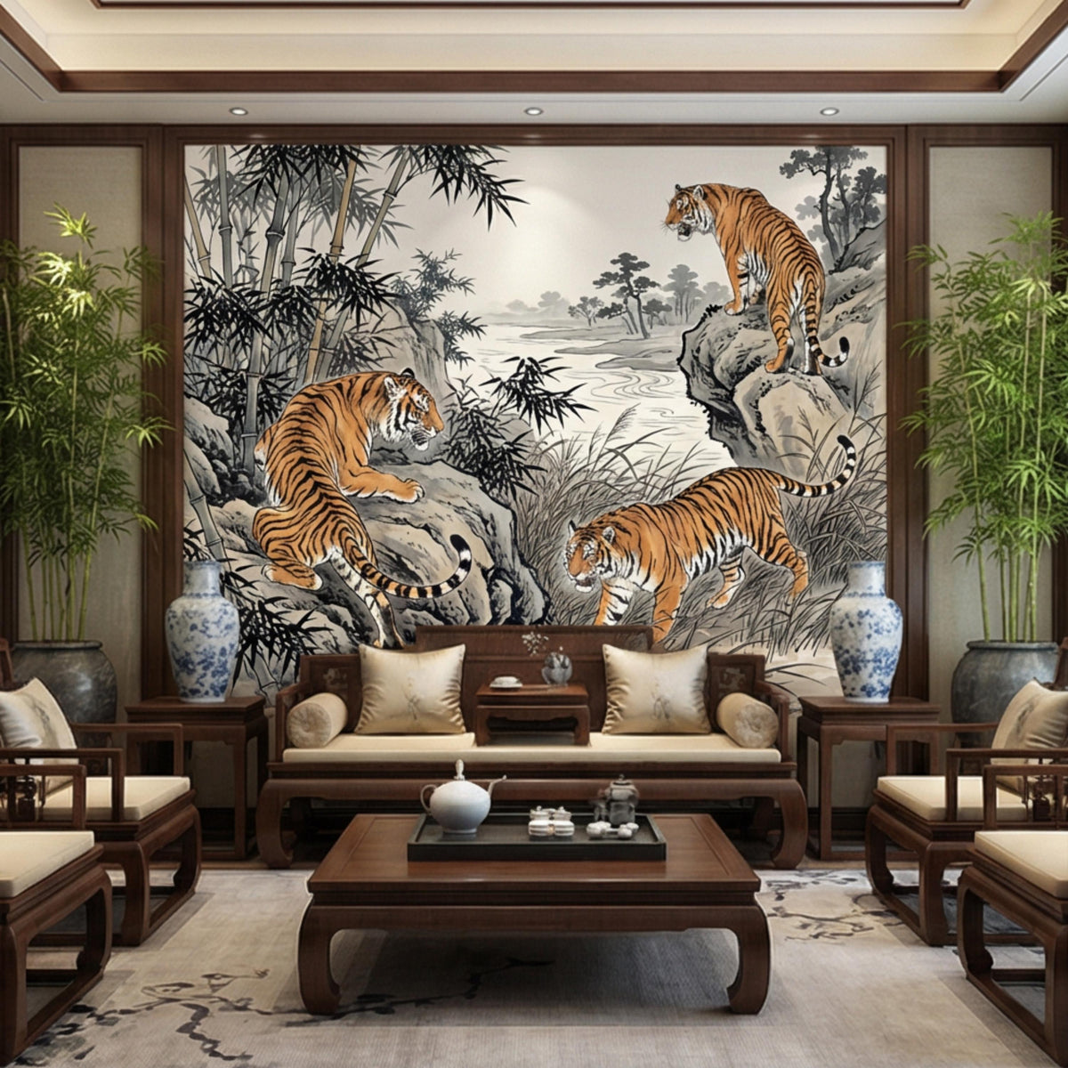 Japanese sumi-e tiger and bamboo wall mural with orange stripes and gray landscape hills
