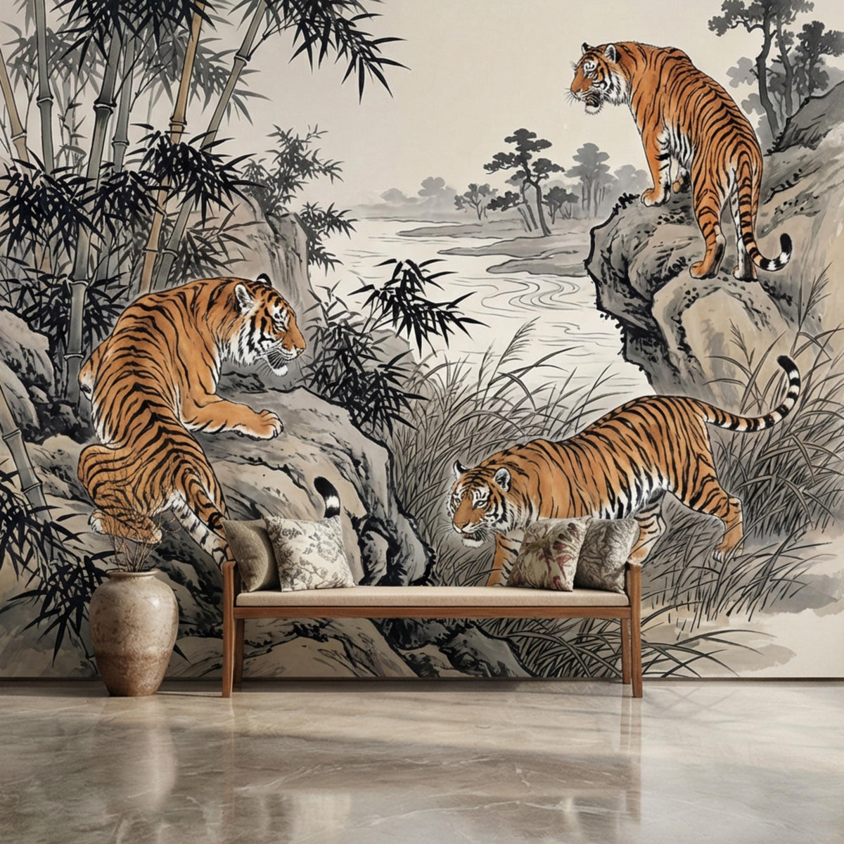 Sumi-e style tiger and bamboo wall mural with rocky ledge and gray ink waves