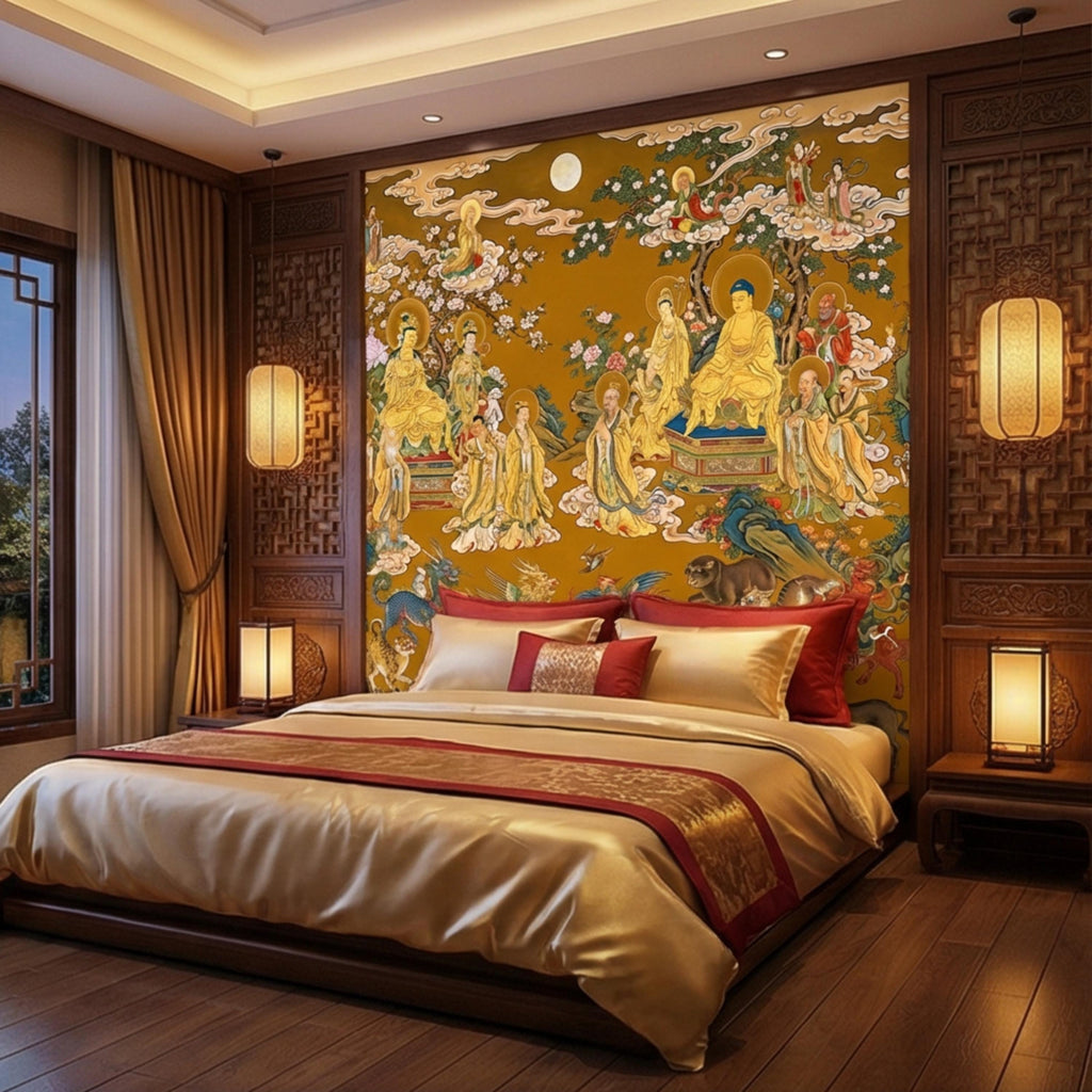 Vintage Chinese Buddhist Heaven Peel and Stick Wall Mural, Celestial Cloud Scroll Buddhas & Mythical Animals Asian Art Wallpaper