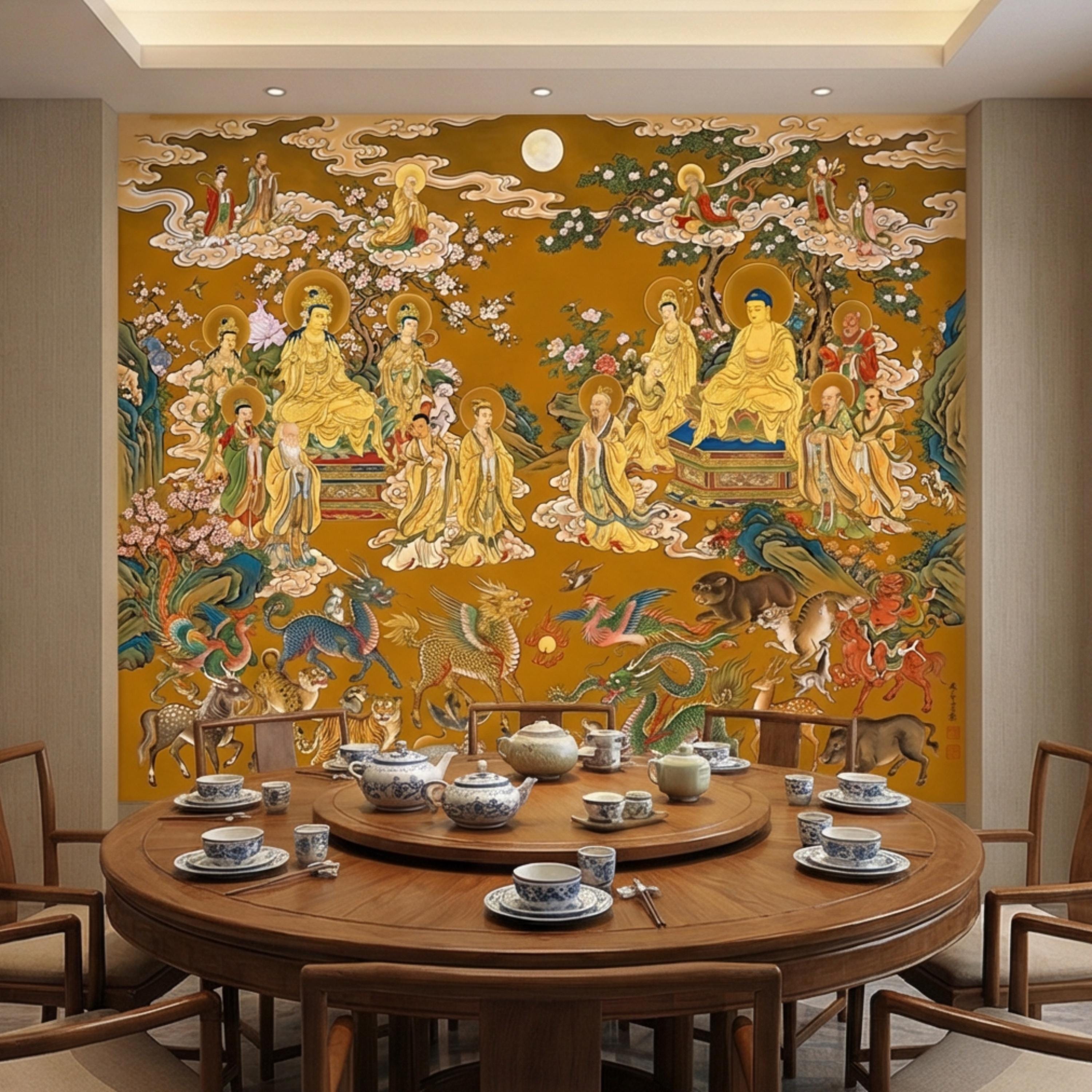 Vintage Chinese Buddhist Heaven Peel and Stick Wall Mural, Celestial Cloud Scroll Buddhas & Mythical Animals Asian Art Wallpaper
