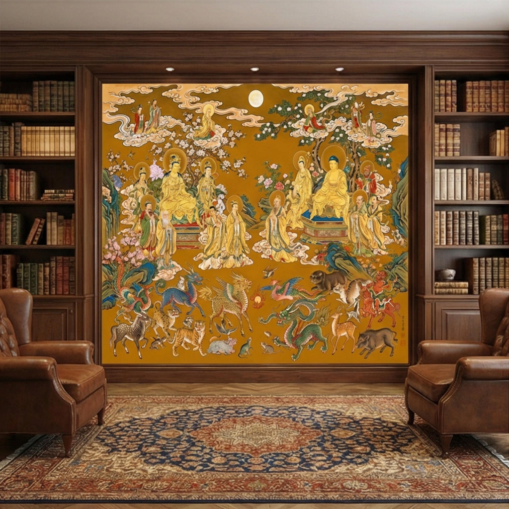 Vintage Chinese Buddhist Heaven Peel and Stick Wall Mural, Celestial Cloud Scroll Buddhas & Mythical Animals Asian Art Wallpaper