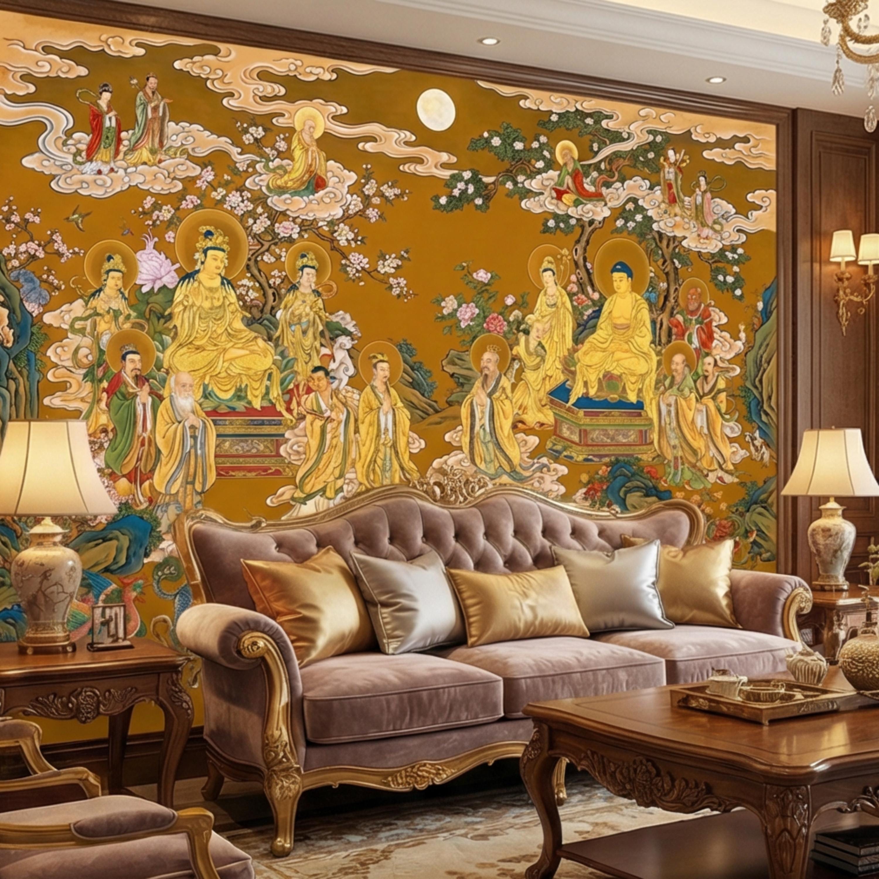 Vintage Chinese Buddhist Heaven Peel and Stick Wall Mural, Celestial Cloud Scroll Buddhas & Mythical Animals Asian Art Wallpaper
