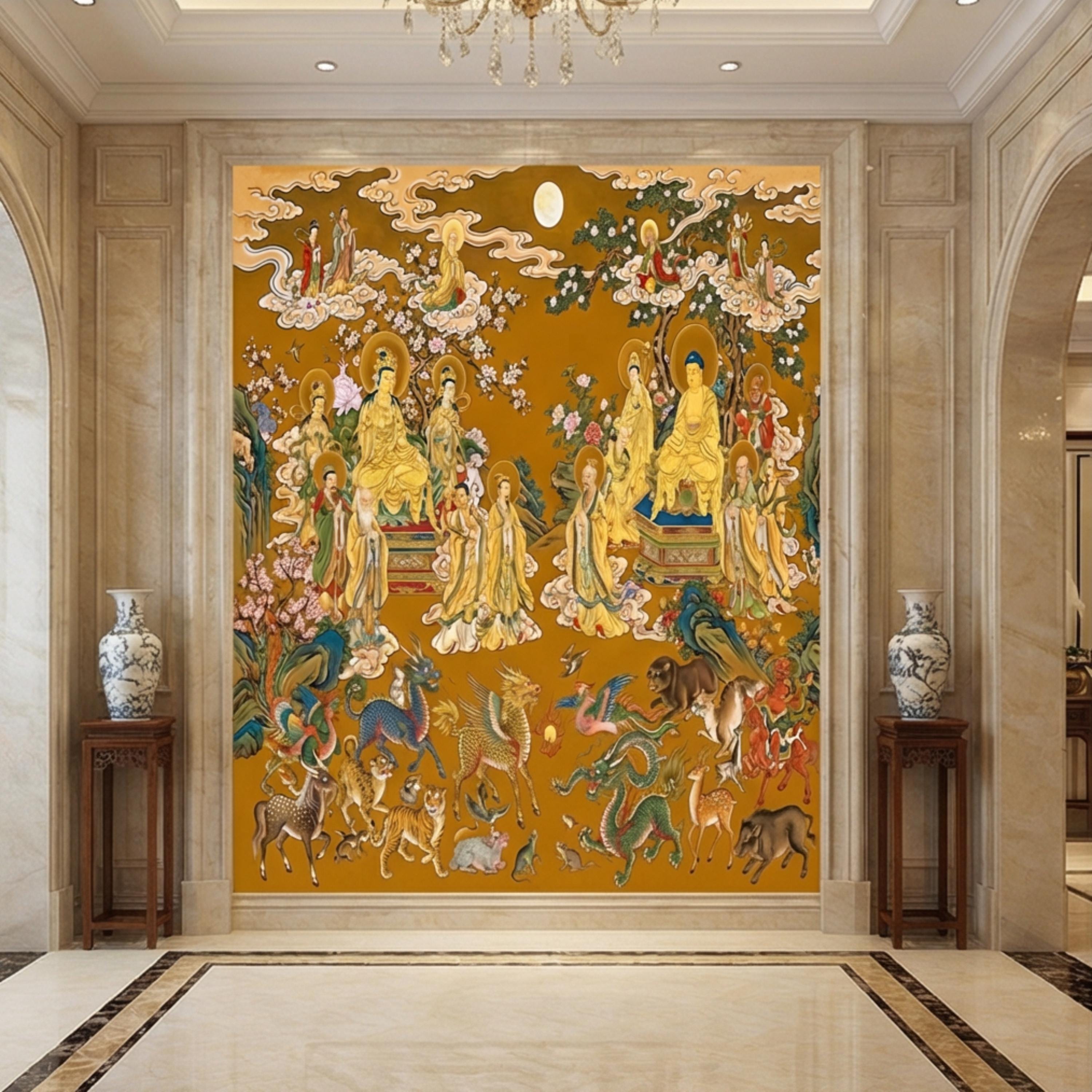 Vintage Chinese Buddhist Heaven Peel and Stick Wall Mural, Celestial Cloud Scroll Buddhas & Mythical Animals Asian Art Wallpaper
