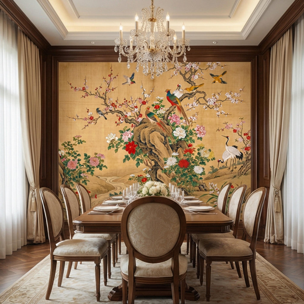 Vintage Chinoiserie Cherry Blossom Birds & Cranes Peel and Stick Wall Mural, Pheasant Peony Floral Asian Art Wallpaper