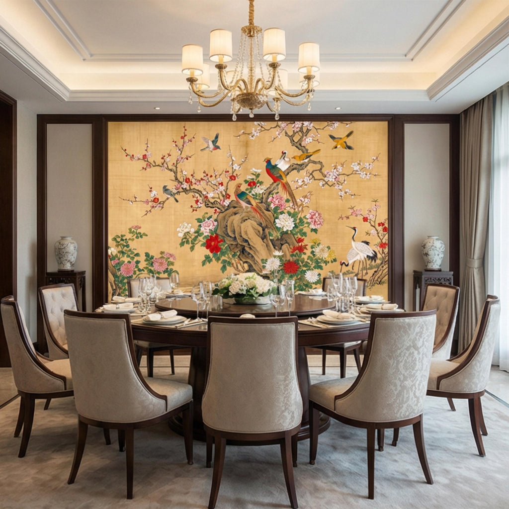 Vintage Chinoiserie Cherry Blossom Birds & Cranes Peel and Stick Wall Mural, Pheasant Peony Floral Asian Art Wallpaper