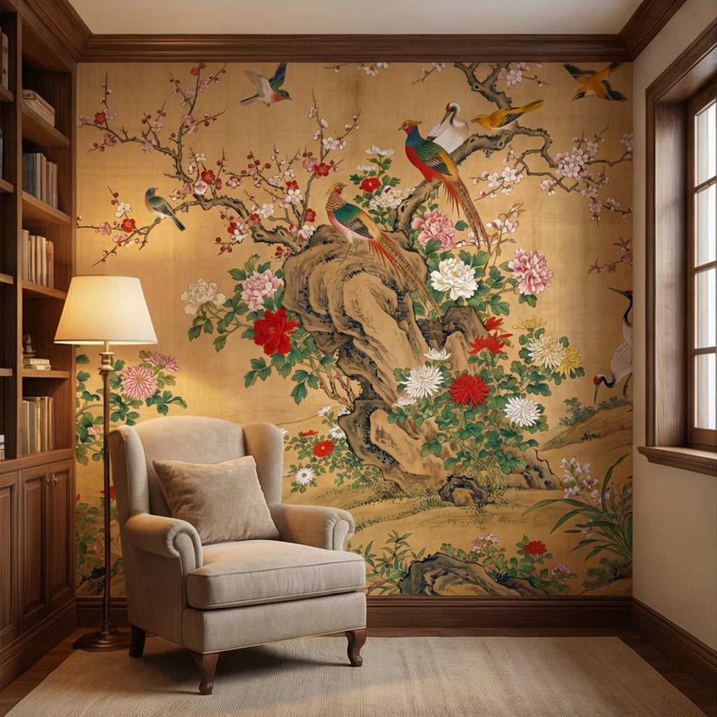 Vintage Chinoiserie Cherry Blossom Birds & Cranes Peel and Stick Wall Mural, Pheasant Peony Floral Asian Art Wallpaper