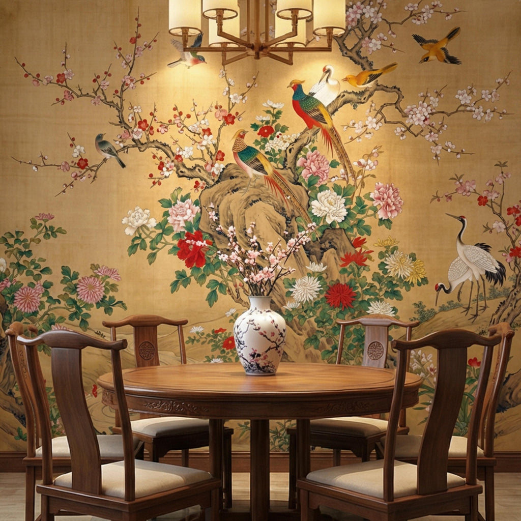Vintage Chinoiserie Cherry Blossom Birds & Cranes Peel and Stick Wall Mural, Pheasant Peony Floral Asian Art Wallpaper
