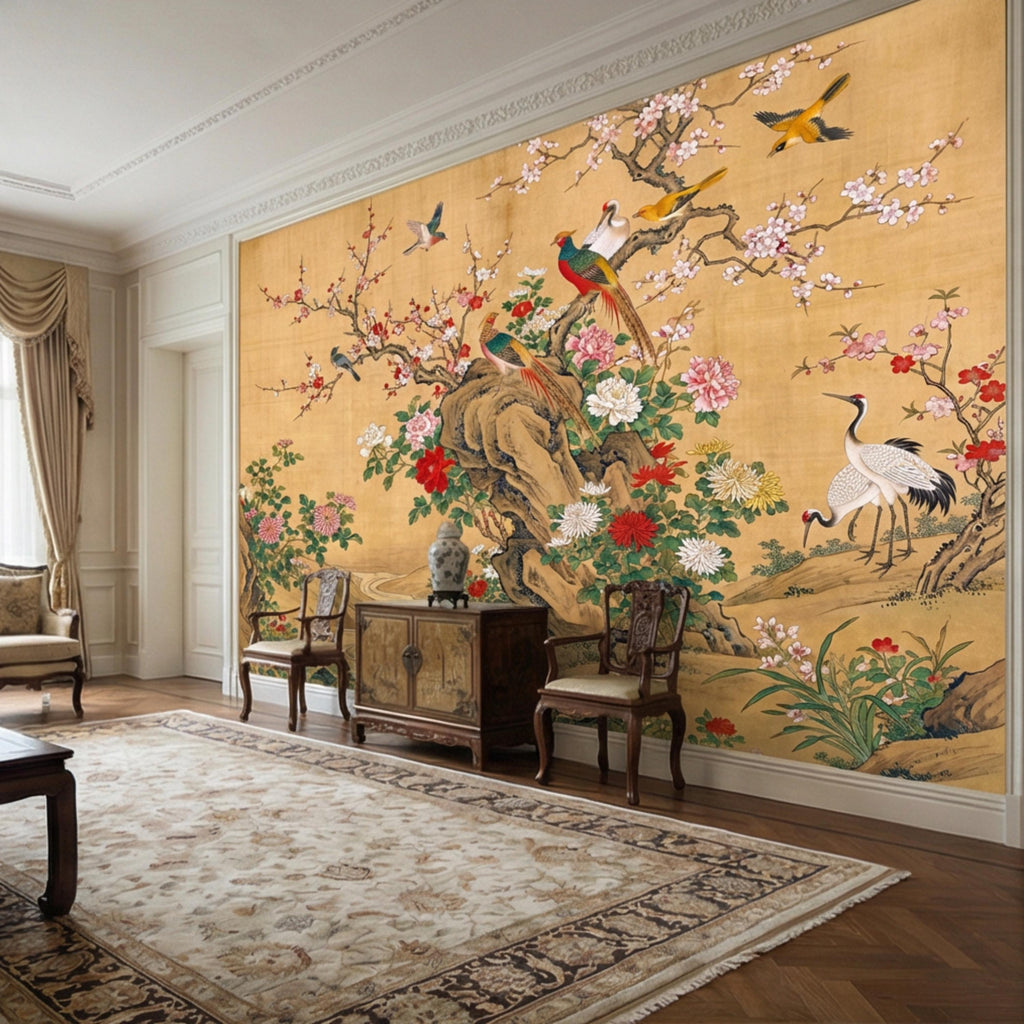 Vintage Chinoiserie Cherry Blossom Birds & Cranes Peel and Stick Wall Mural, Pheasant Peony Floral Asian Art Wallpaper