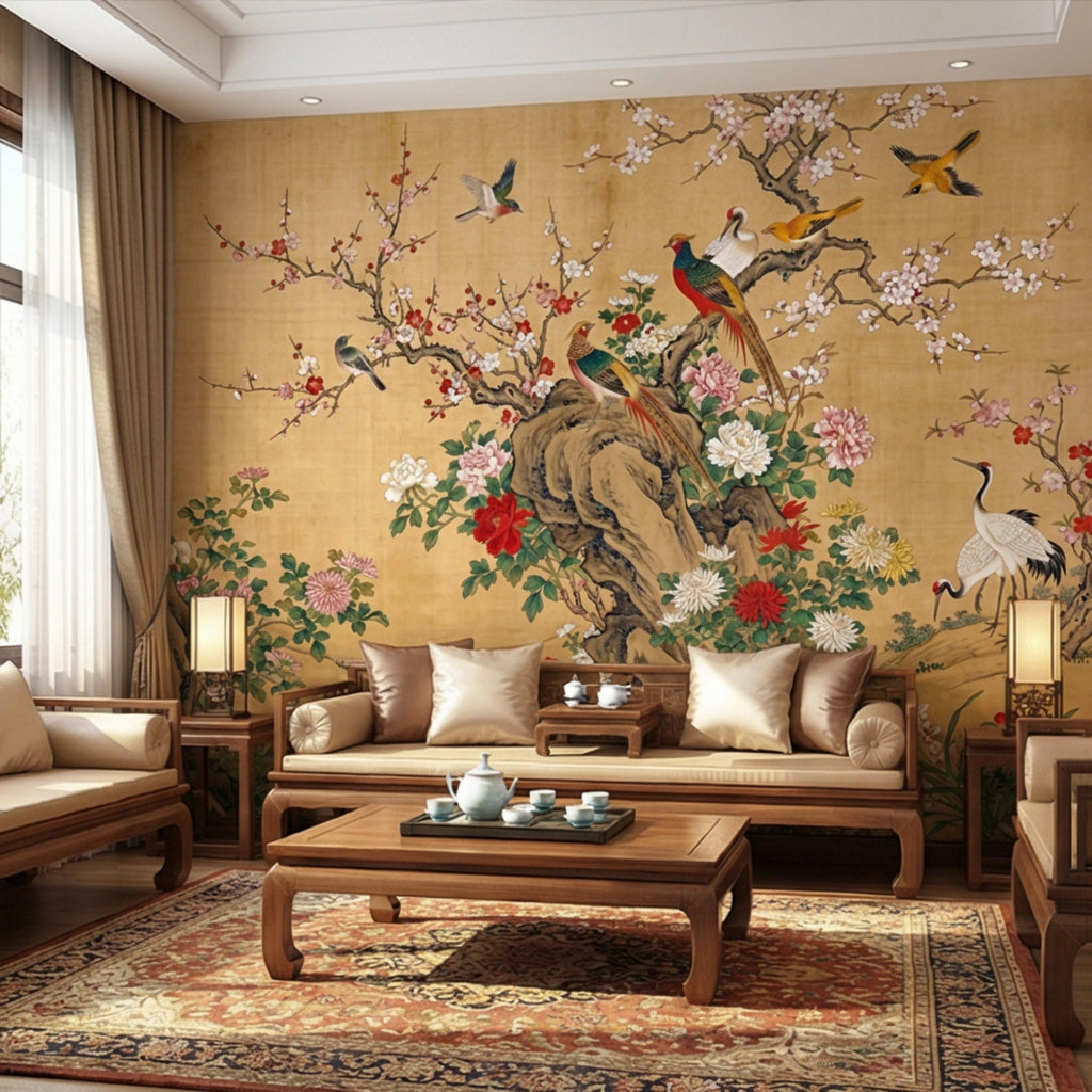 Vintage Chinoiserie Cherry Blossom Birds & Cranes Peel and Stick Wall Mural, Pheasant Peony Floral Asian Art Wallpaper