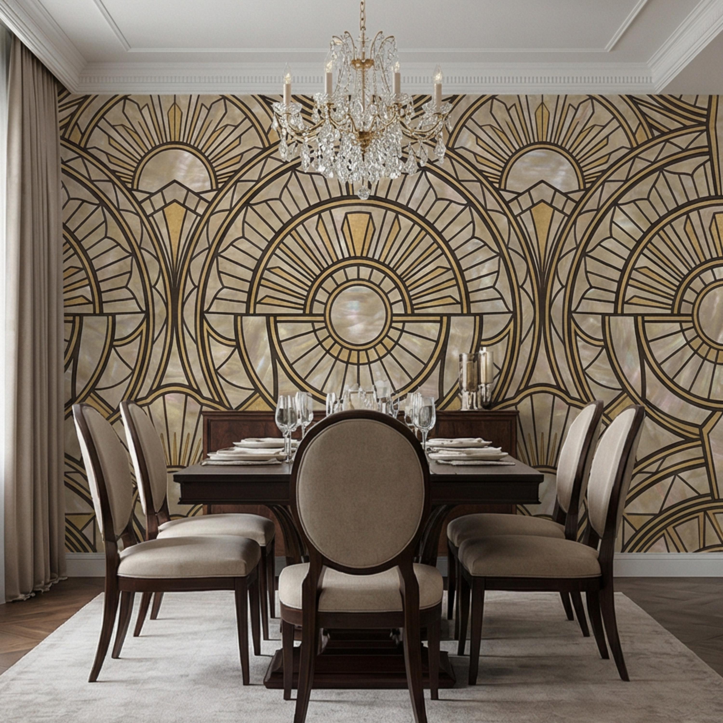 Art Deco Geometric Fan Peel and Stick Wall Mural, Pearl Pattern 1920s Gatsby Glam Neutral Wallpaper