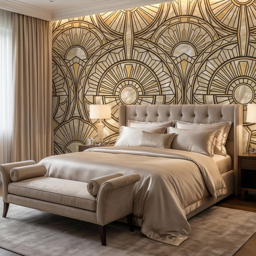 Art Deco Geometric Fan Peel and Stick Wall Mural, Pearl Pattern 1920s Gatsby Glam Neutral Wallpaper