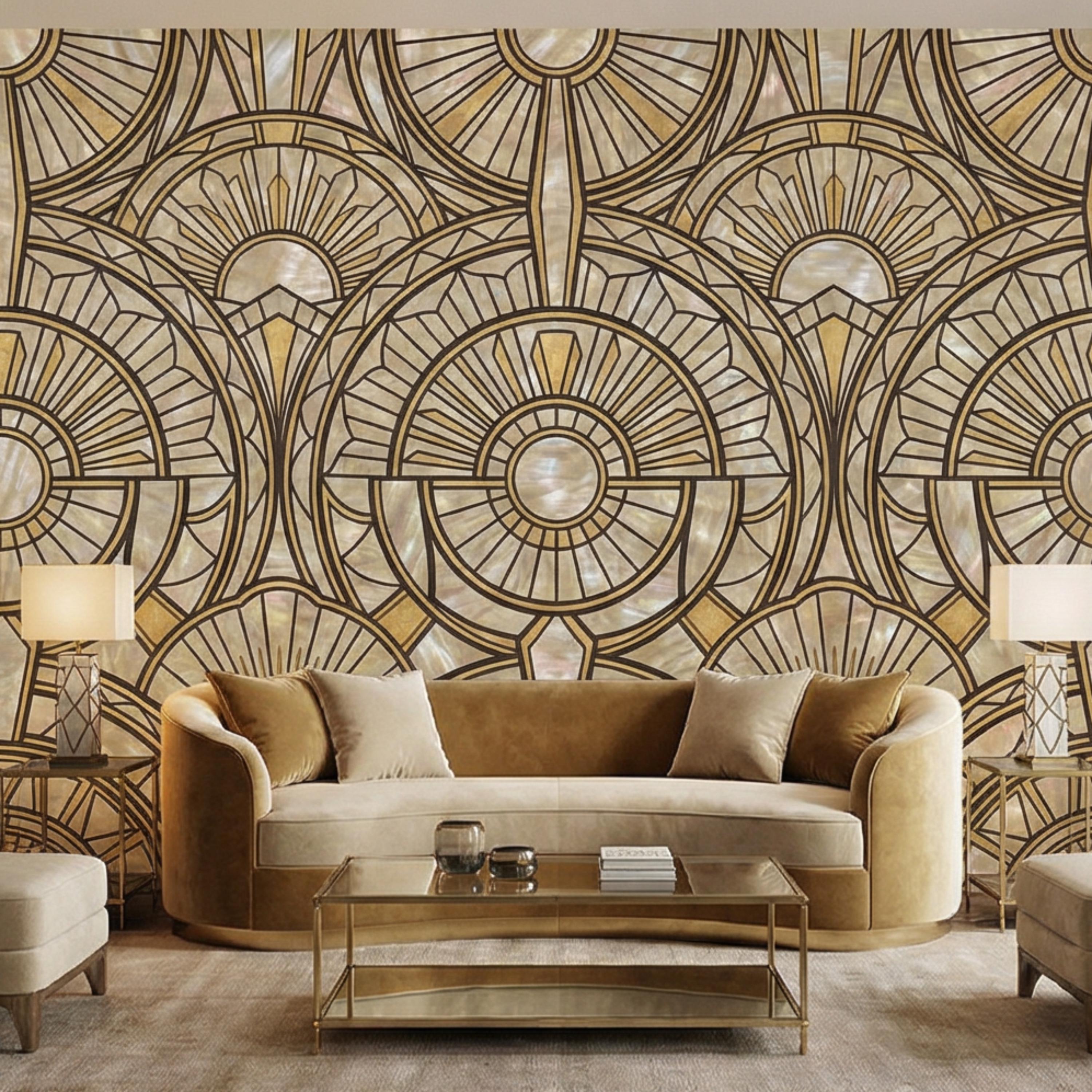 Art Deco Geometric Fan Peel and Stick Wall Mural, Pearl Pattern 1920s Gatsby Glam Neutral Wallpaper